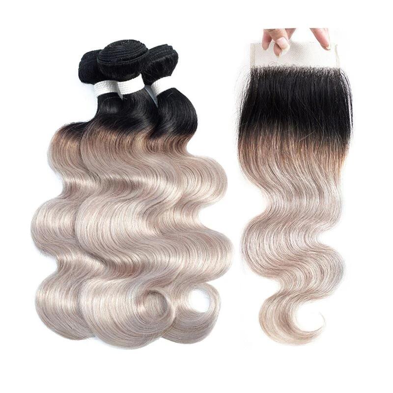Stema 1B/Grey Body Wave Virgin Hair Bundles With 4x4 Lace Closure